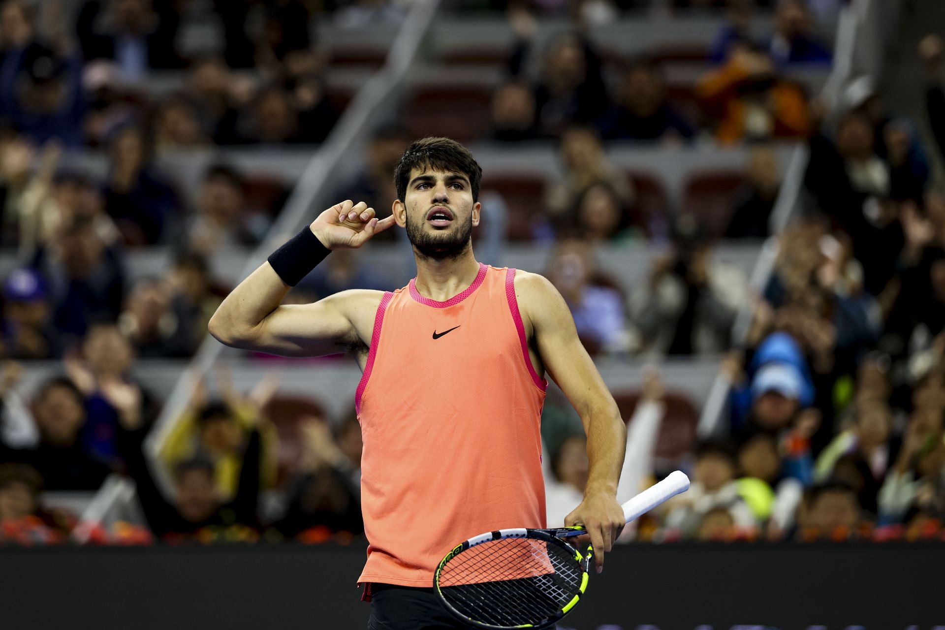 Carlos Alcaraz celebrates after beating Jannik Sinner at 2024 China Open (Source: Getty)